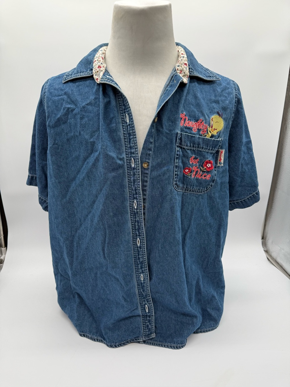 Vintage Y2K Looney Tunes Tweety Bird Denim Shirt Embroidered Naughty Nice 90s 2X